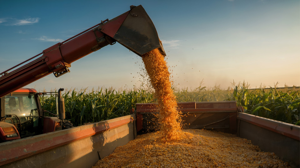 Combine harvester unloading corn into a trailer in a field, with corn kernels pouring from the chute and green plants in the background